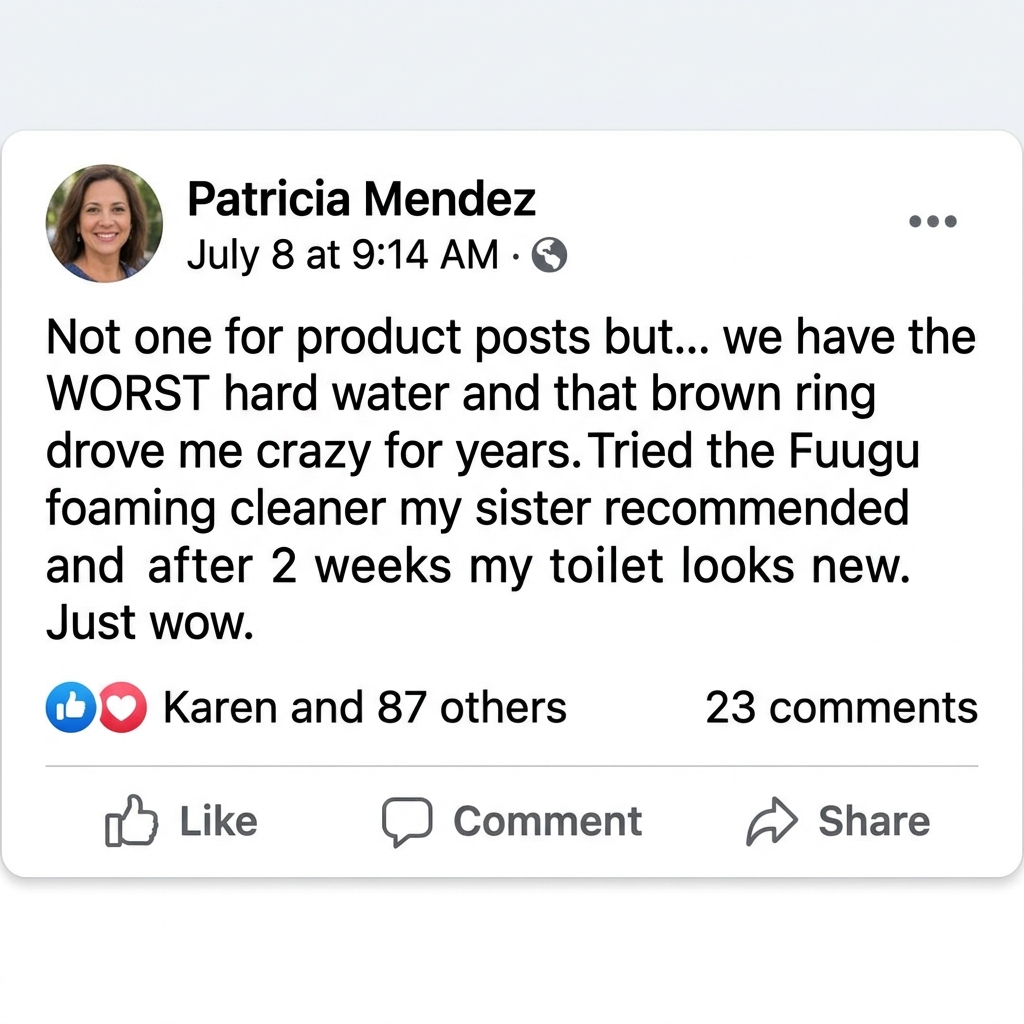 Facebook post from Patricia Mendez: worst hard water, tried the Fuugu foaming cleaner and after 2 weeks my toilet looks new