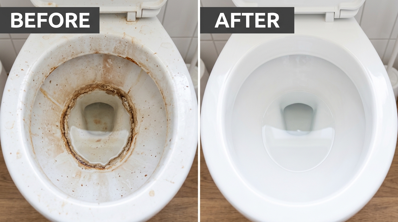 Illustrative before and after: stained toilet bowl versus clean white bowl